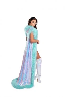 J-Valentine, Inc OUTERWEAR CH308 - Fur Trimmed Holographic Sequin Mesh Duster