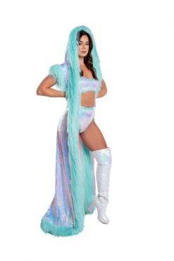 J-Valentine, Inc OUTERWEAR CH308 - Fur Trimmed Holographic Sequin Mesh Duster